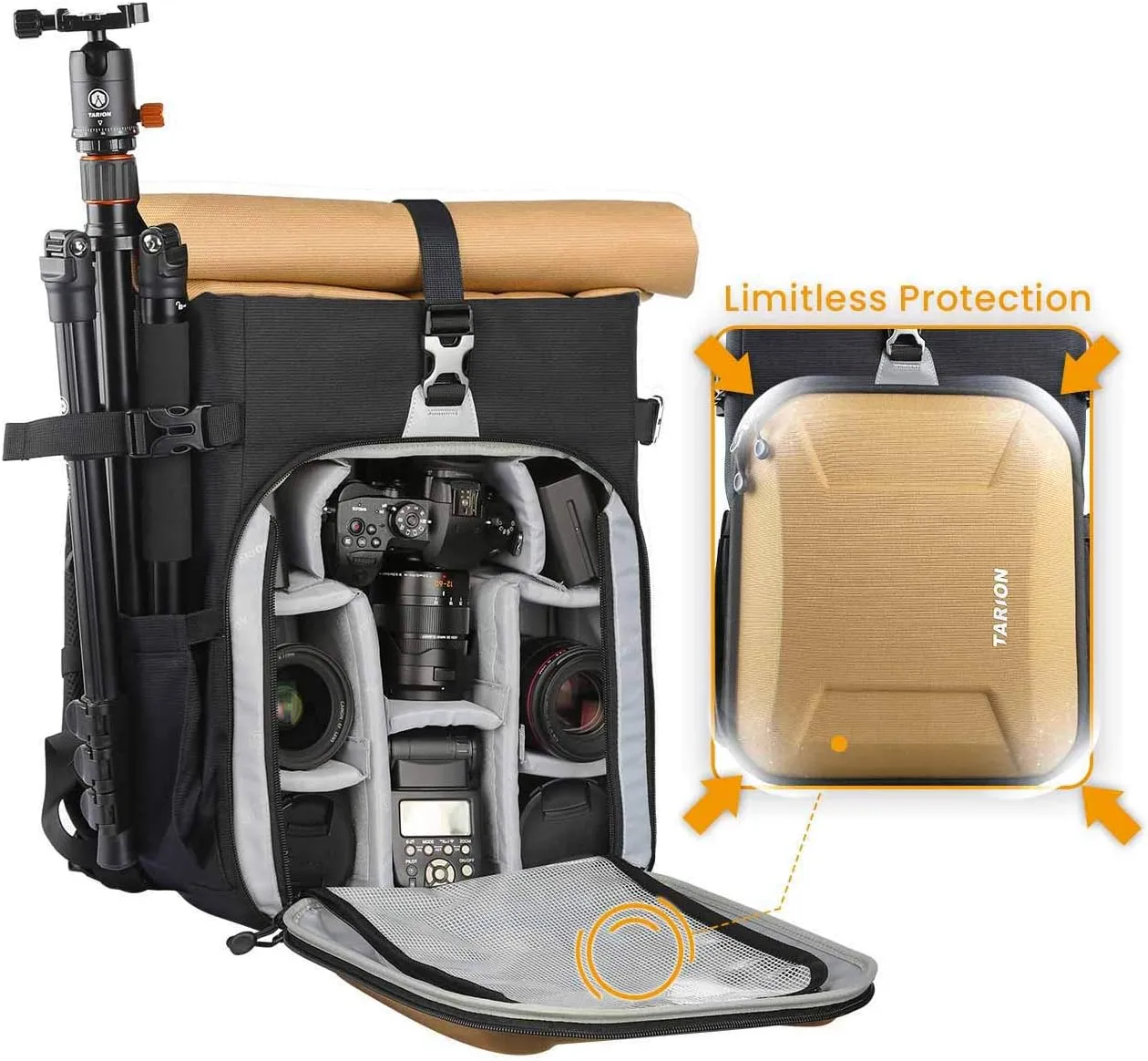 TARION XH Camera Backpack Waterproof Camera Bag Hard Shell Roll Top Expandable Large Camera Backpack 18.5L | 15" Laptop Compartment with Waterproof Rain Cover for Women Men Photographer Lens Tripod