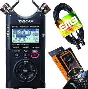 TASCAM DR-40X 4-Channel Handheld Recorder and 2-in/2-out USB Audio Interface with EMB Cable and Gravity Magnet Phone Holder Bundle