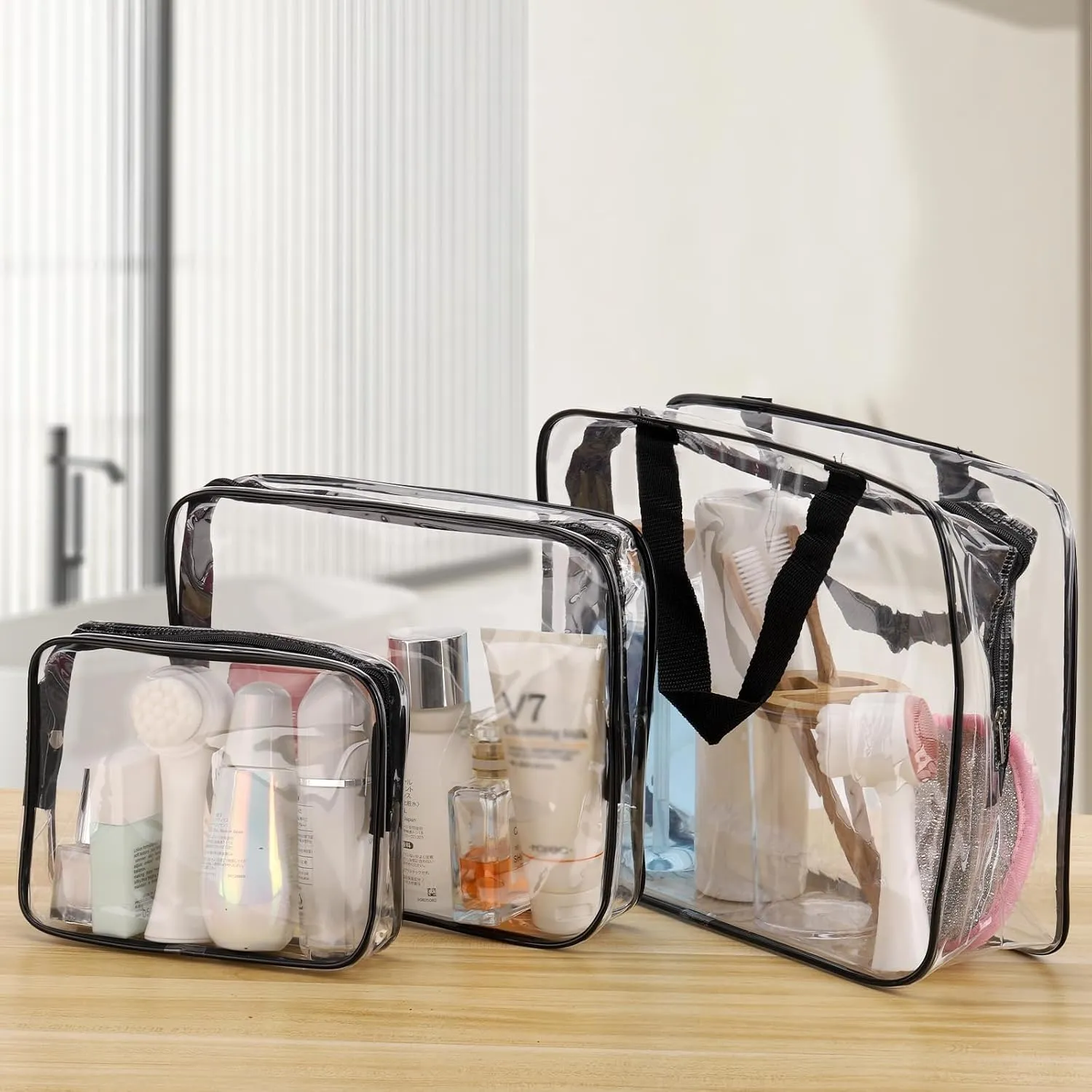 Tbestmax 6 Packs Clear Cosmetic Bags Makeup Bags Portable Waterproof Travel Toiletry Bags Organizer Black (2L 2M 2S)