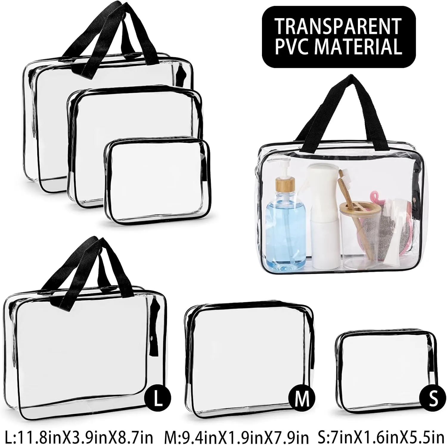 Tbestmax 6 Packs Clear Cosmetic Bags Makeup Bags Portable Waterproof Travel Toiletry Bags Organizer Black (2L 2M 2S)