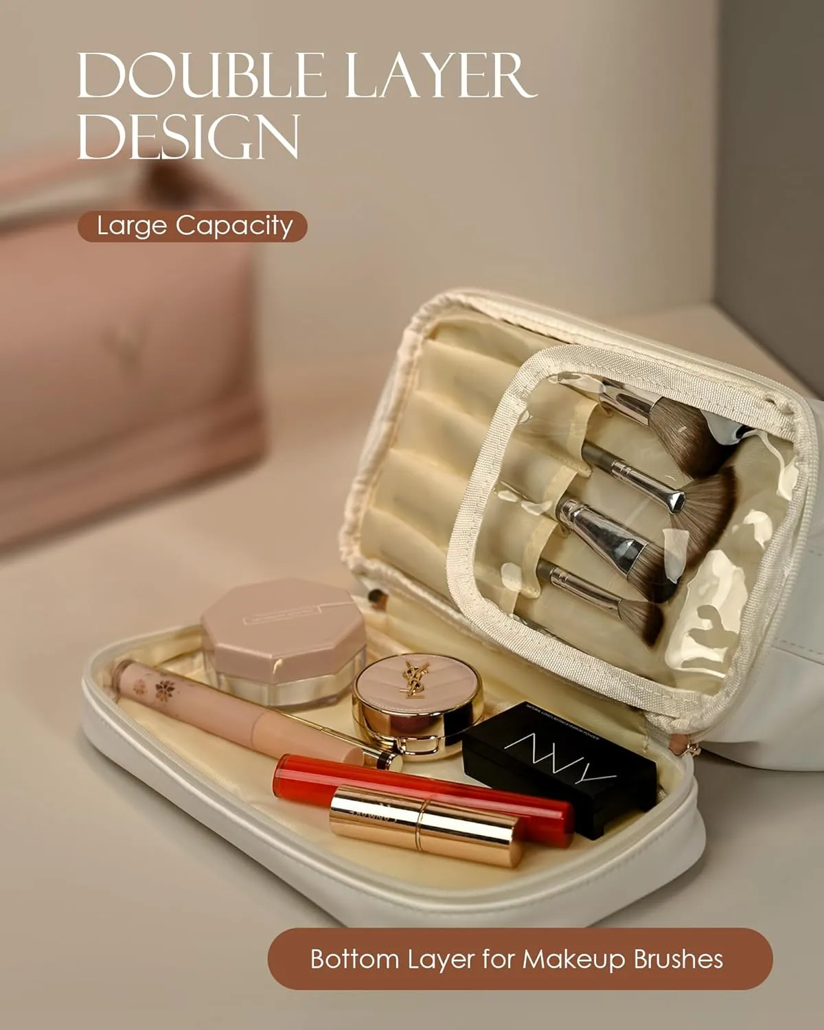 Teen Girl Gifts Trendy Stuff, Makeup Bags for Women with Handle, Initial Double Layer Cosmetic Bag with Makeup Brush Organizer, Cute Cosmetic Pouch for Women, Gifts for Friends Female Mom