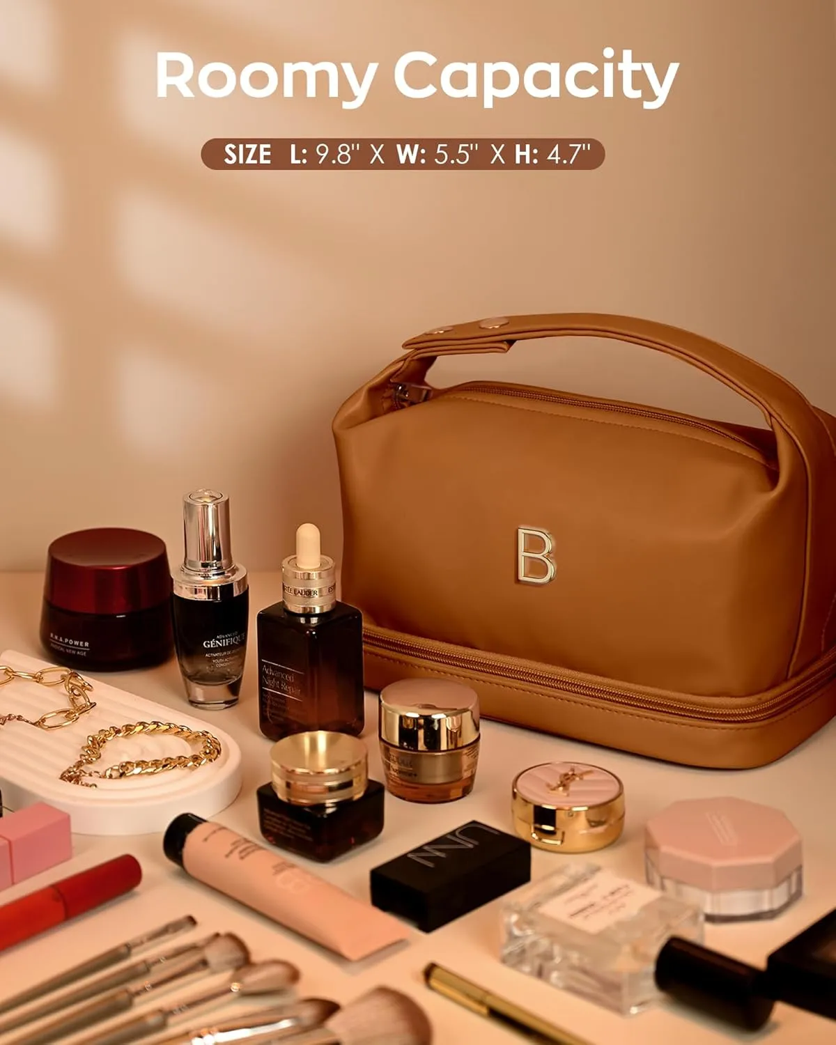 Teen Girl Gifts Trendy Stuff, Makeup Bags for Women with Handle, Initial Double Layer Cosmetic Bag with Makeup Brush Organizer, Cute Cosmetic Pouch for Women, Gifts for Friends Female Mom