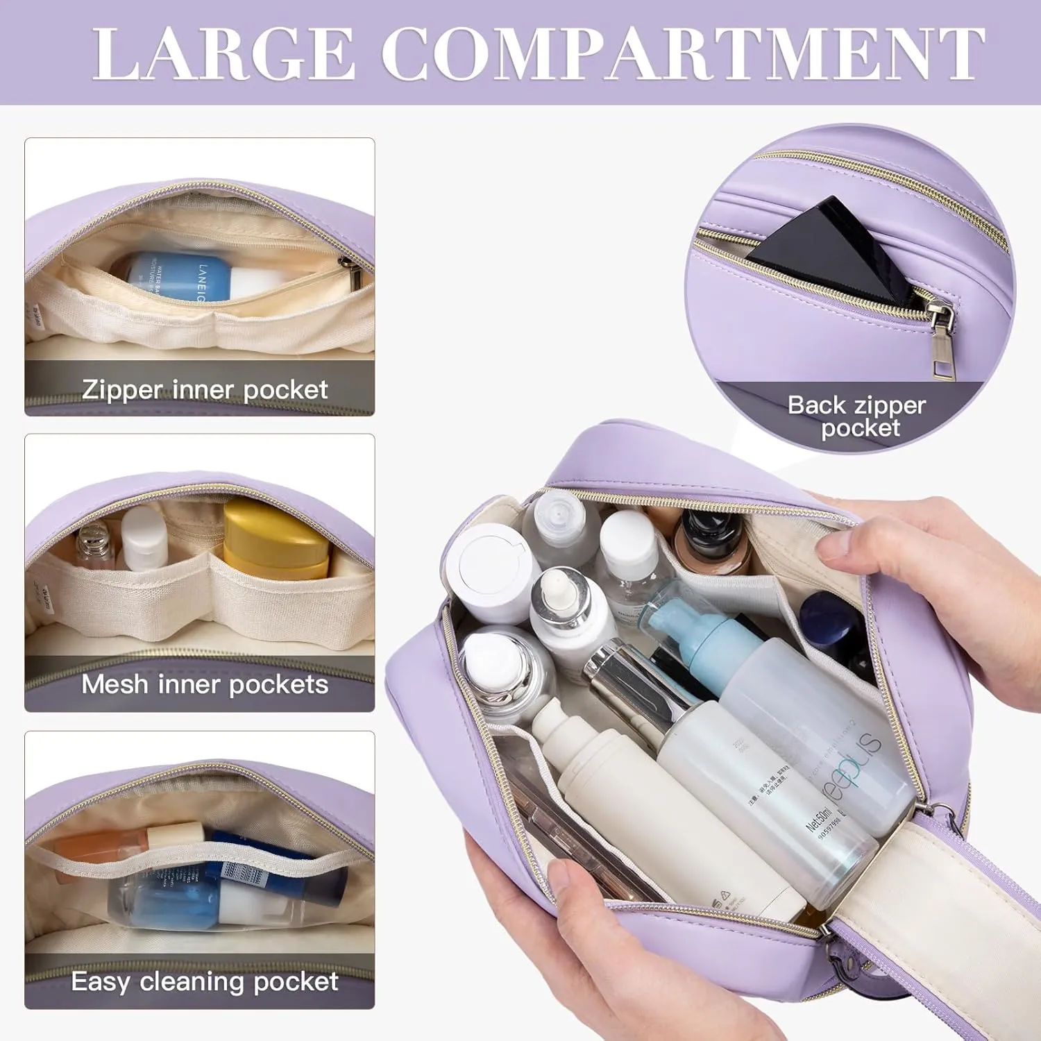 Telena Travel Makeup Bag Large Capacity Cosmetic Bags Make Up Organizer for Women with Double Layer Purple