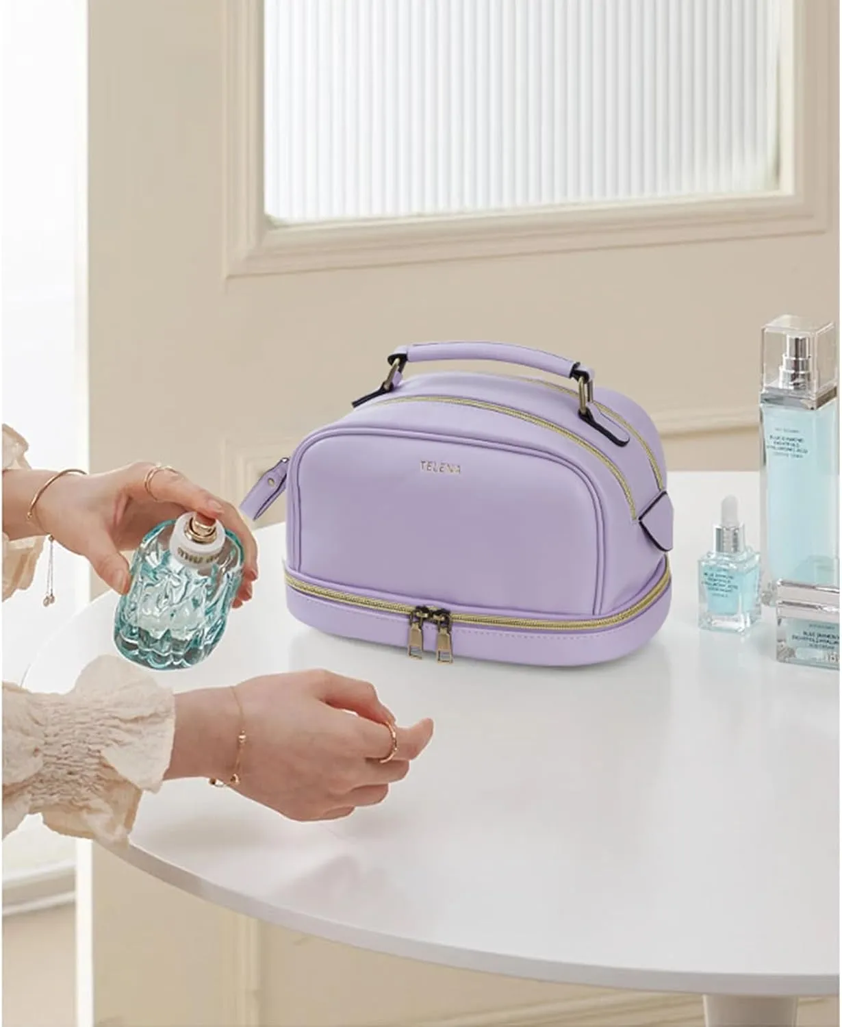 Telena Travel Makeup Bag Large Capacity Cosmetic Bags Make Up Organizer for Women with Double Layer Purple
