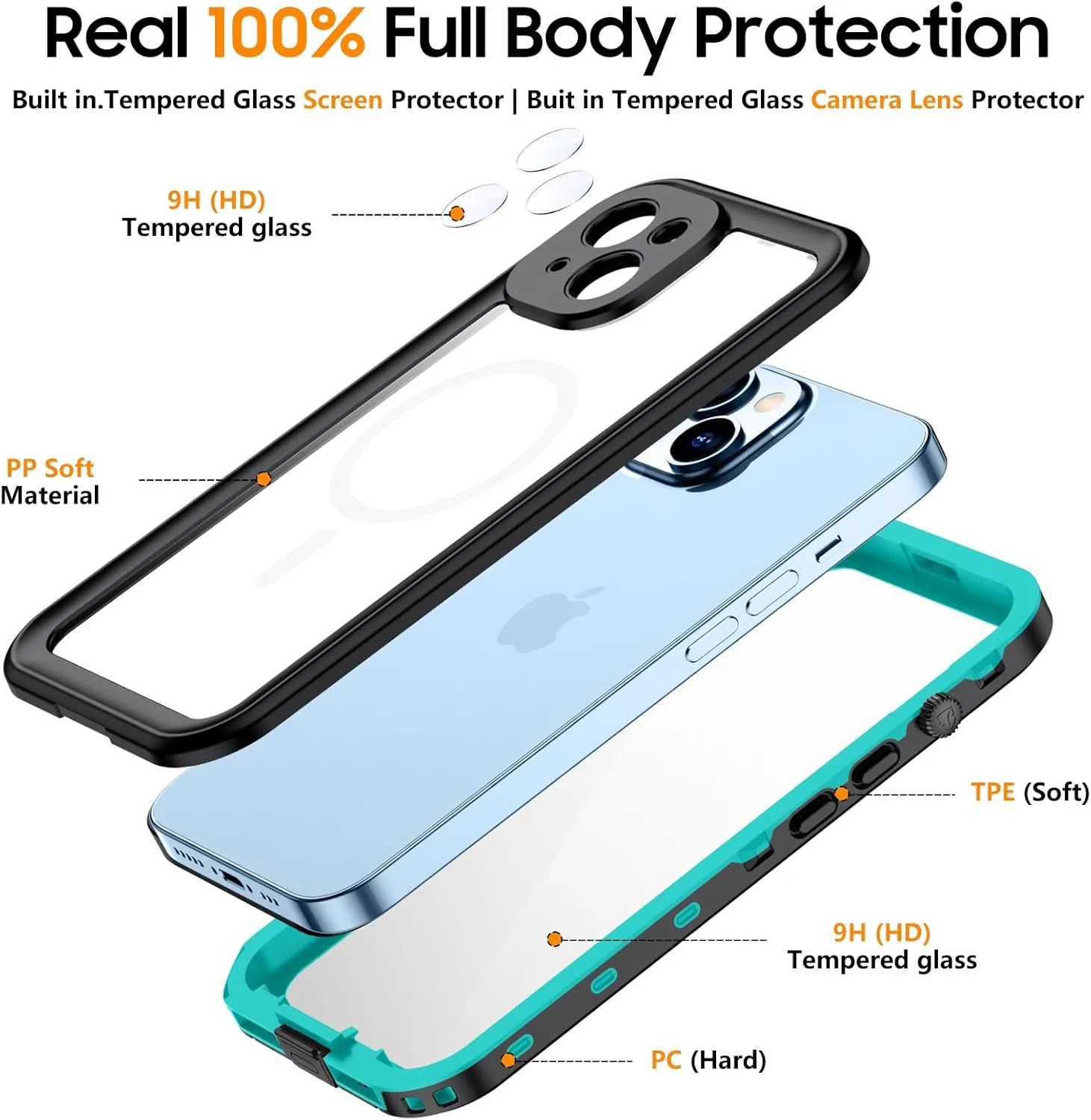 Temdan Magnetic for iPhone 14 Case Waterproof [Compatible with MagSafe] [IP68 Underwater] [Built-in Camera Lens & Screen Protector] Full Body Shockproof Phone Case Blue