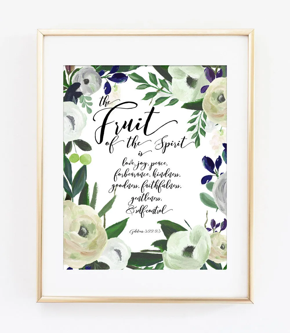 The Fruit of the Spirit Bible Verse Art Print in Cream Watercolor Floral