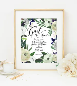 The Fruit of the Spirit Bible Verse Art Print in Cream Watercolor Floral