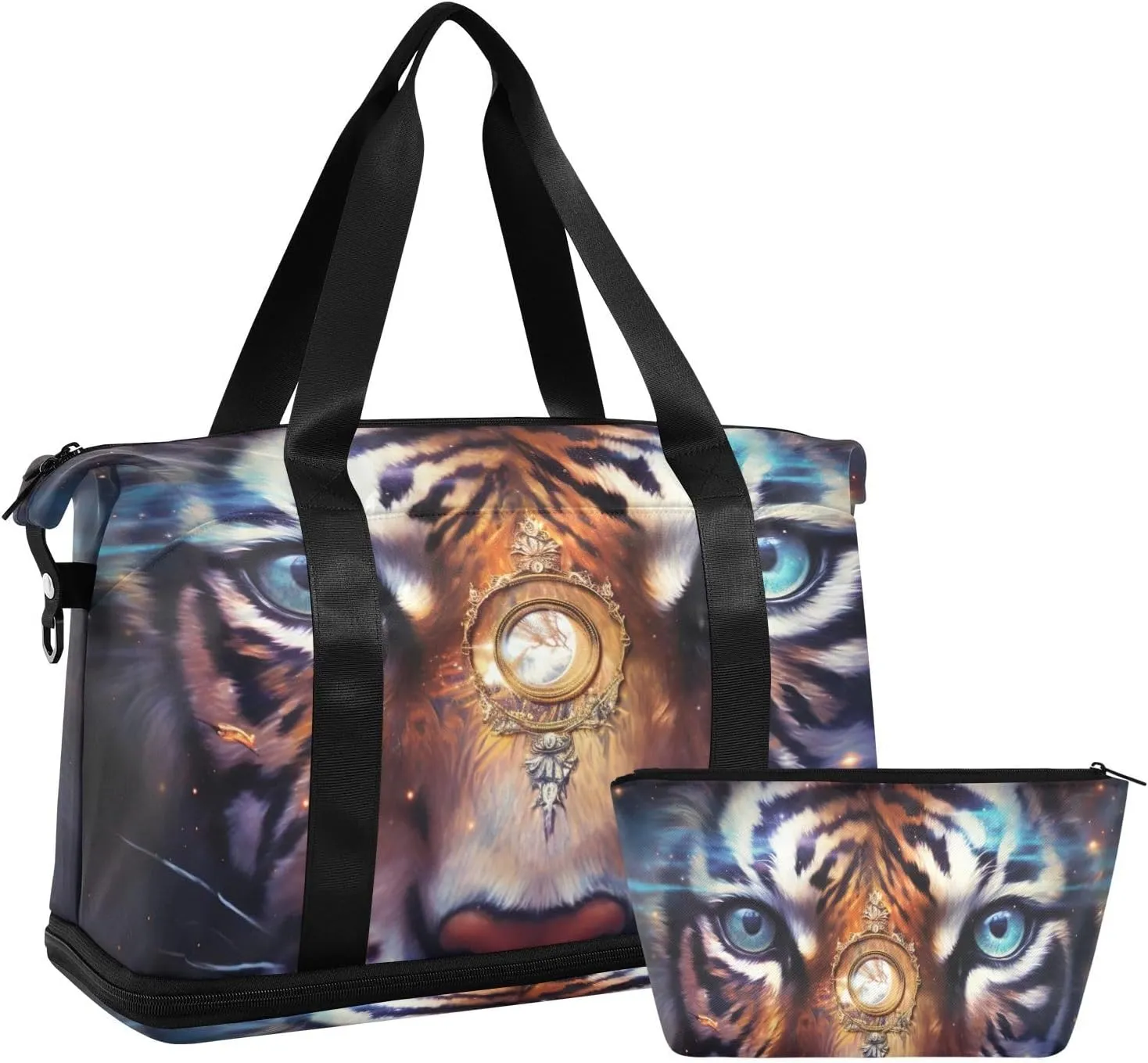 Tiger Cosmic Painting Duffel Bag Lightweight Carry On Gym Bags for Travel and Weekends, Versatile Overnight Bag with Shoe Compartment