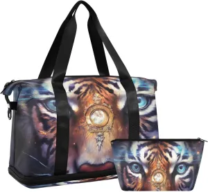 Tiger Cosmic Painting Duffel Bag Lightweight Carry On Gym Bags for Travel and Weekends, Versatile Overnight Bag with Shoe Compartment