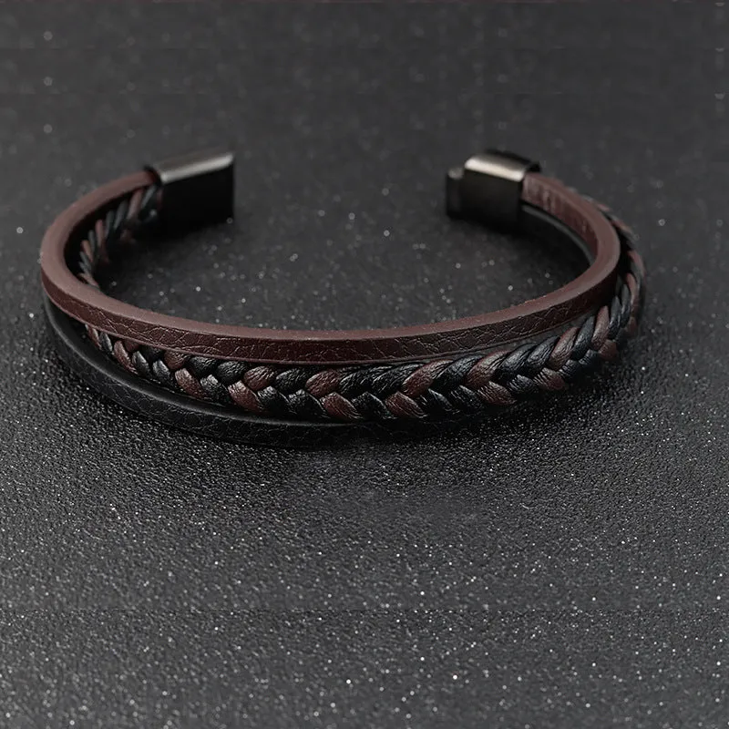 Titanium Steel Men's Leather Bracelet Double Layer