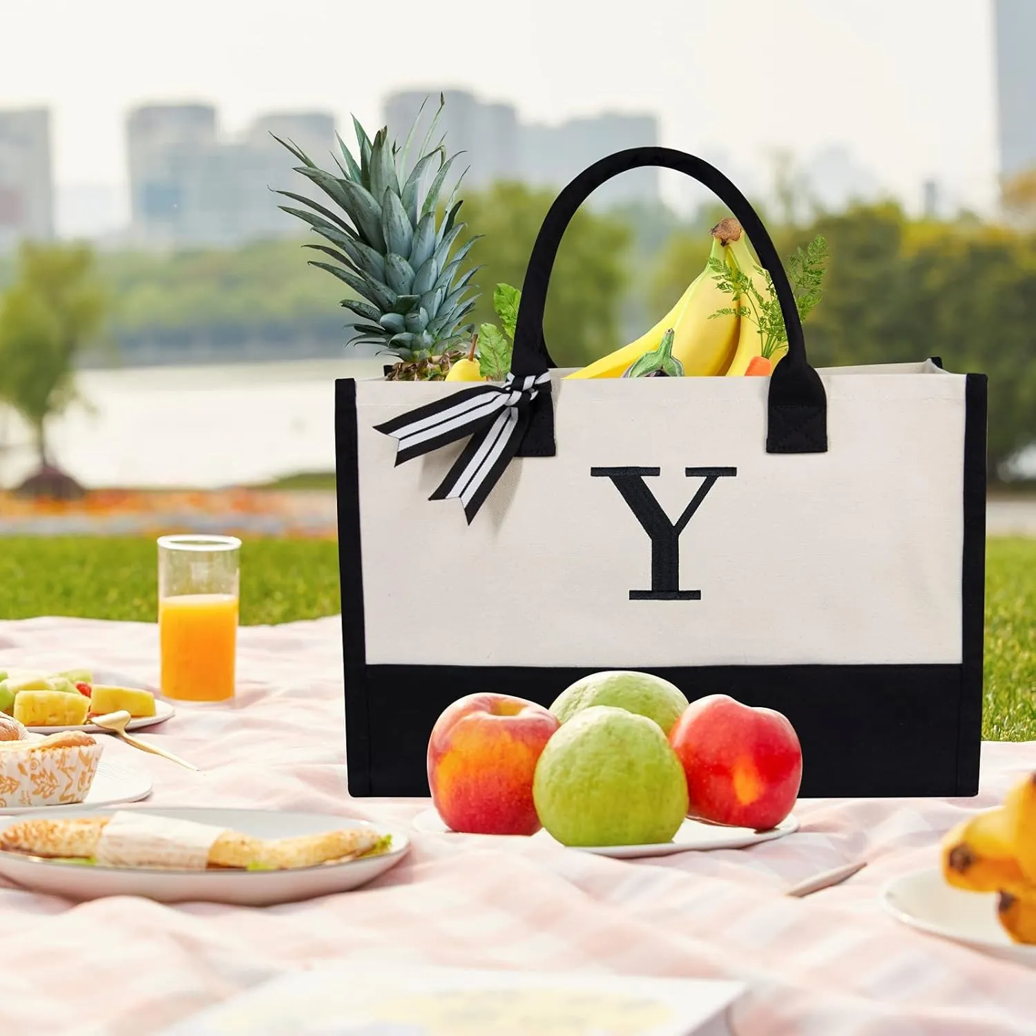 TOPDesign Embroidery Initial Canvas Tote Bag, Personalized Present Bag, Suitable for Wedding, Birthday, Beach, Holiday, is a Great Gift for Women, Mom, Teachers, Friends, Bridesmaids (Letter Y)