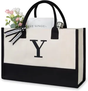 TOPDesign Embroidery Initial Canvas Tote Bag, Personalized Present Bag, Suitable for Wedding, Birthday, Beach, Holiday, is a Great Gift for Women, Mom, Teachers, Friends, Bridesmaids (Letter Y)