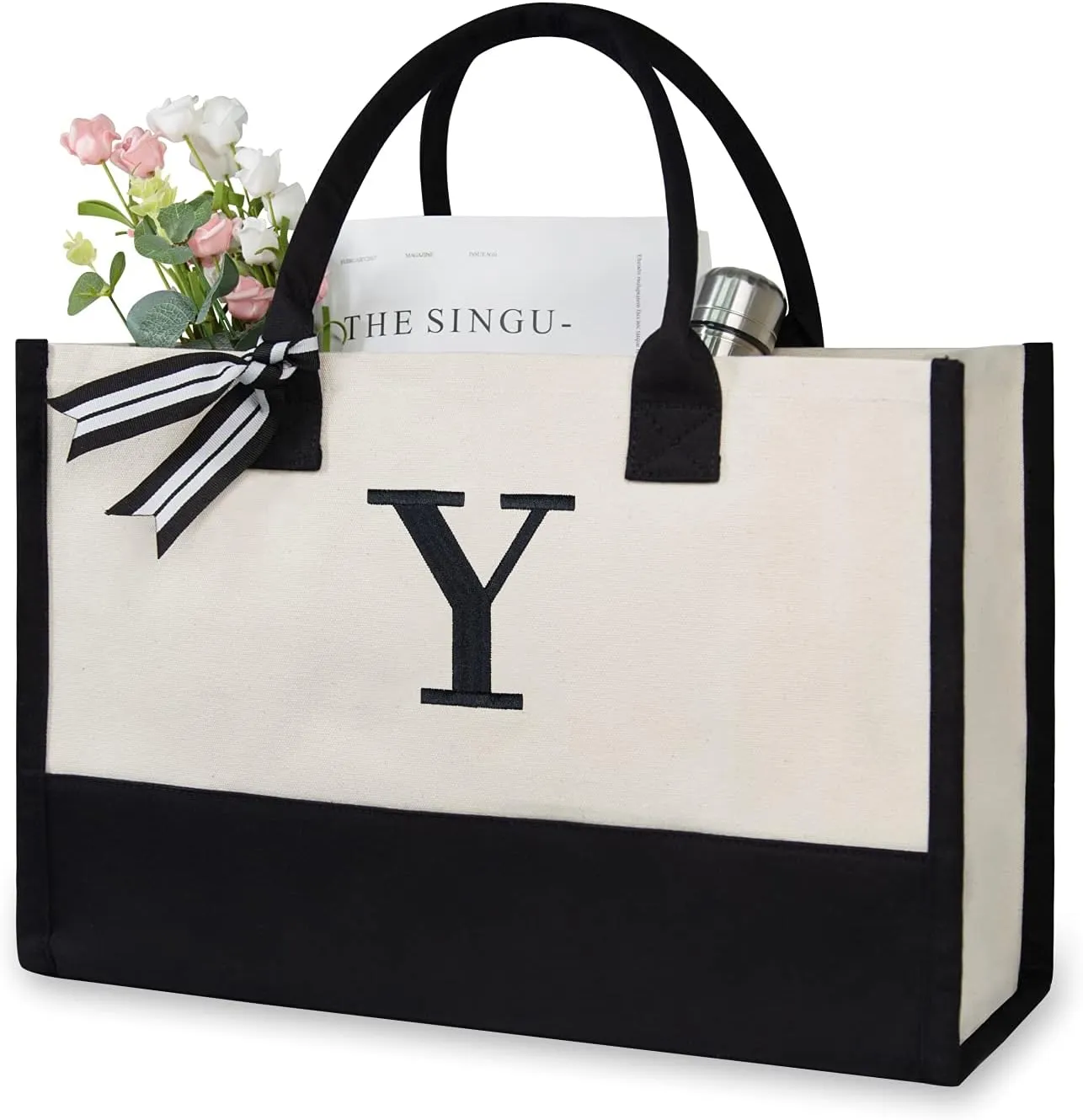 TOPDesign Embroidery Initial Canvas Tote Bag, Personalized Present Bag, Suitable for Wedding, Birthday, Beach, Holiday, is a Great Gift for Women, Mom, Teachers, Friends, Bridesmaids (Letter Y)
