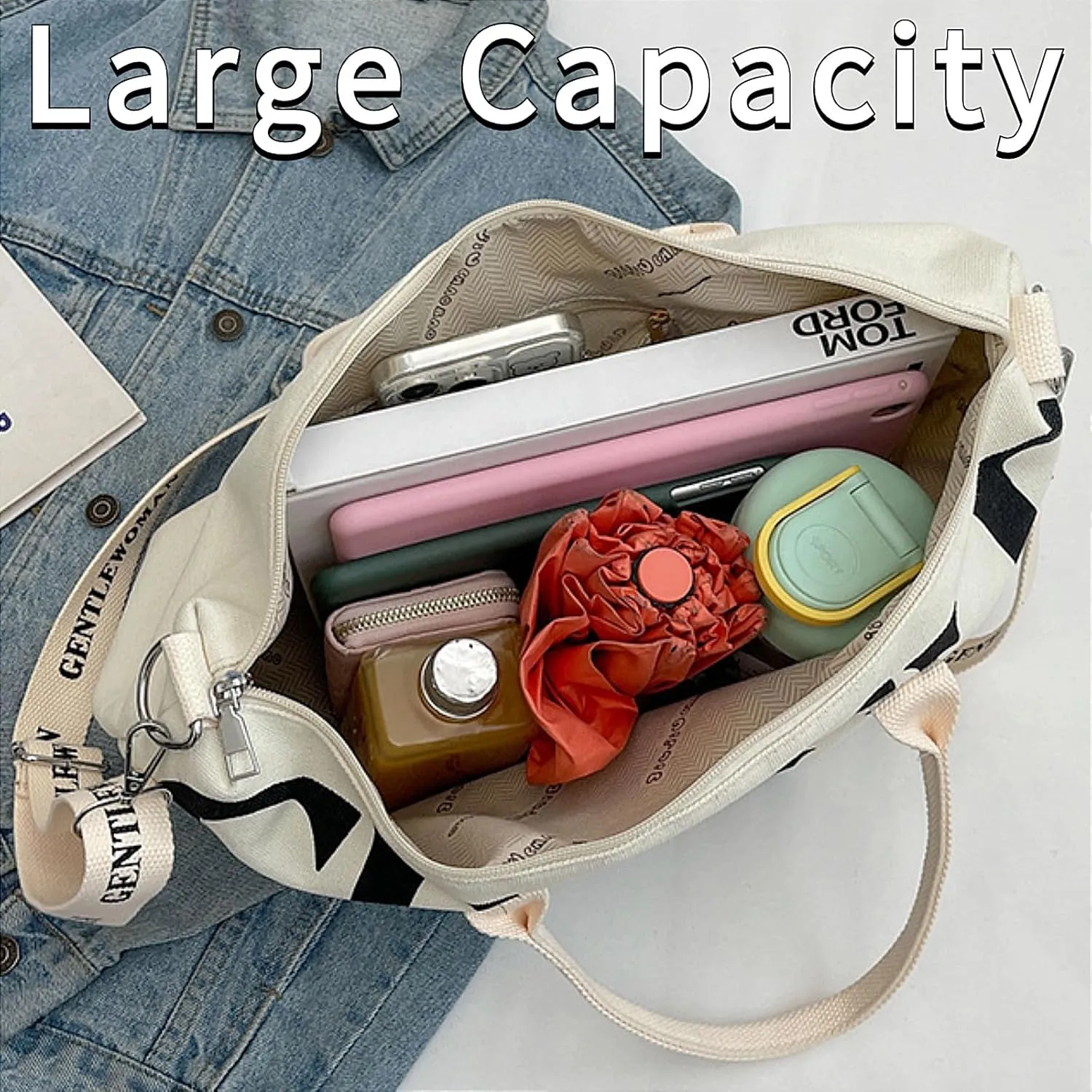 Tote Bag Large Crossbody Shoulder Bag with Top Handle and Zipper Canvas Purse Travel Work Daily Bag for Women