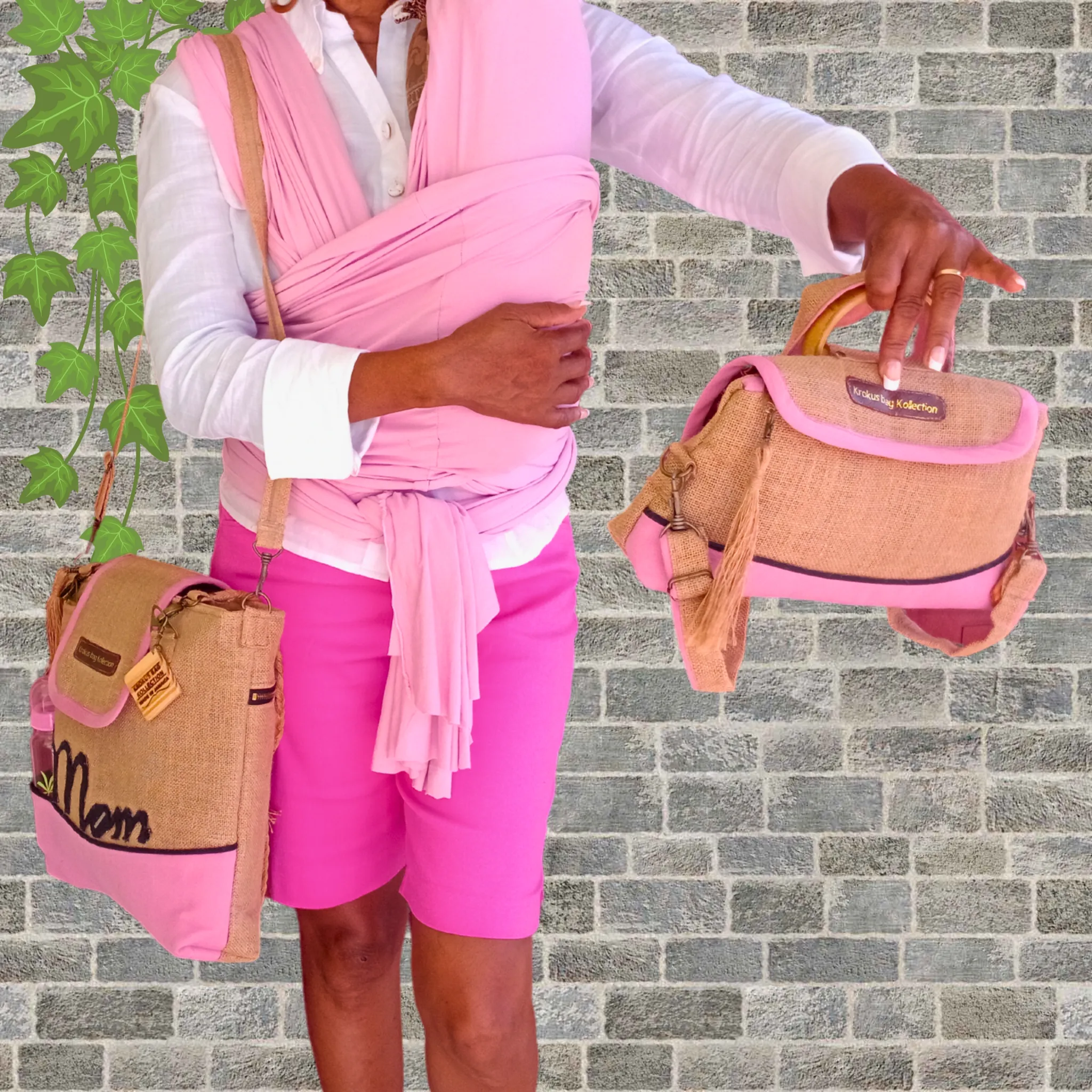 Tote Set, Baby Pink Linen Trim
