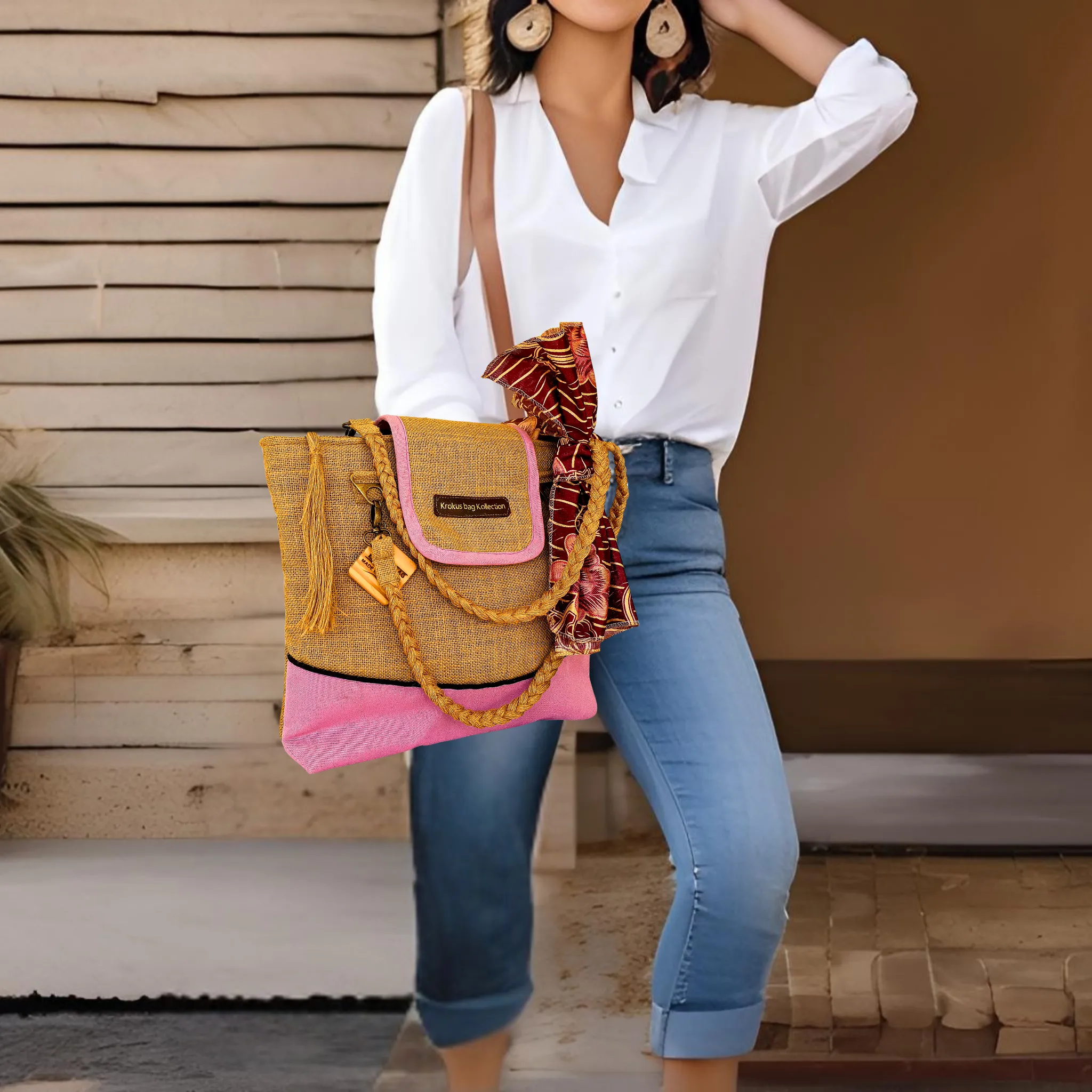 Tote Set, Baby Pink Linen Trim