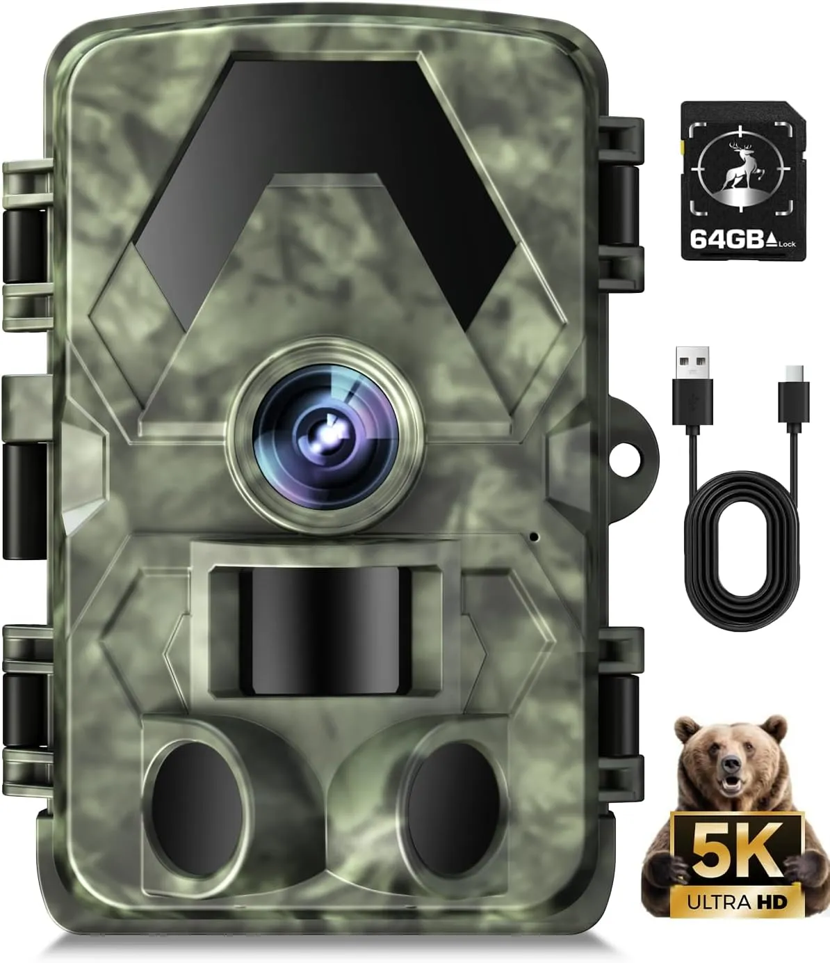 Trail Camera, 5K 60MP Game Camera with No Glow Night Vision, 150°Wide-Angle, 0.05s Trigger Speed Motion Activated IP66 Waterproof for Wildlife Scouting, Home Security, Green