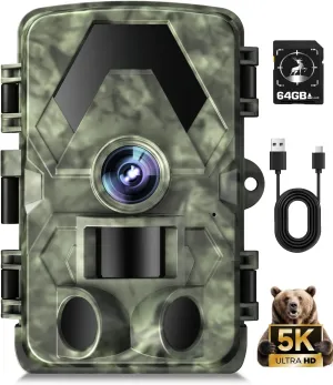 Trail Camera, 5K 60MP Game Camera with No Glow Night Vision, 150°Wide-Angle, 0.05s Trigger Speed Motion Activated IP66 Waterproof for Wildlife Scouting, Home Security, Green