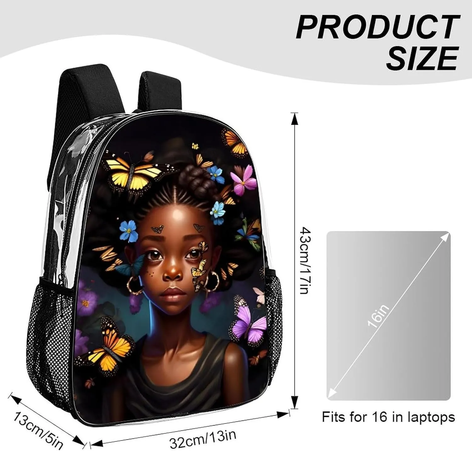 Transparent Daypack Backpack for Climbing Outdoors Running - Big Capacity Multipurpose Anti-Theft Bookbag, African American Women Black Women Butterfly Flower Art Travel Hiking & Camping Rucksack