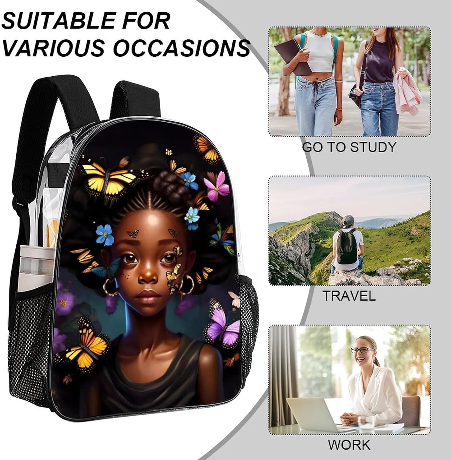 Transparent Daypack Backpack for Climbing Outdoors Running - Big Capacity Multipurpose Anti-Theft Bookbag, African American Women Black Women Butterfly Flower Art Travel Hiking & Camping Rucksack