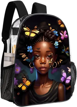 Transparent Daypack Backpack for Climbing Outdoors Running - Big Capacity Multipurpose Anti-Theft Bookbag, African American Women Black Women Butterfly Flower Art Travel Hiking & Camping Rucksack