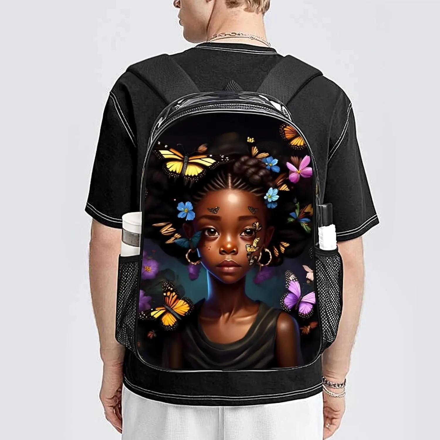 Transparent Daypack Backpack for Climbing Outdoors Running - Big Capacity Multipurpose Anti-Theft Bookbag, African American Women Black Women Butterfly Flower Art Travel Hiking & Camping Rucksack
