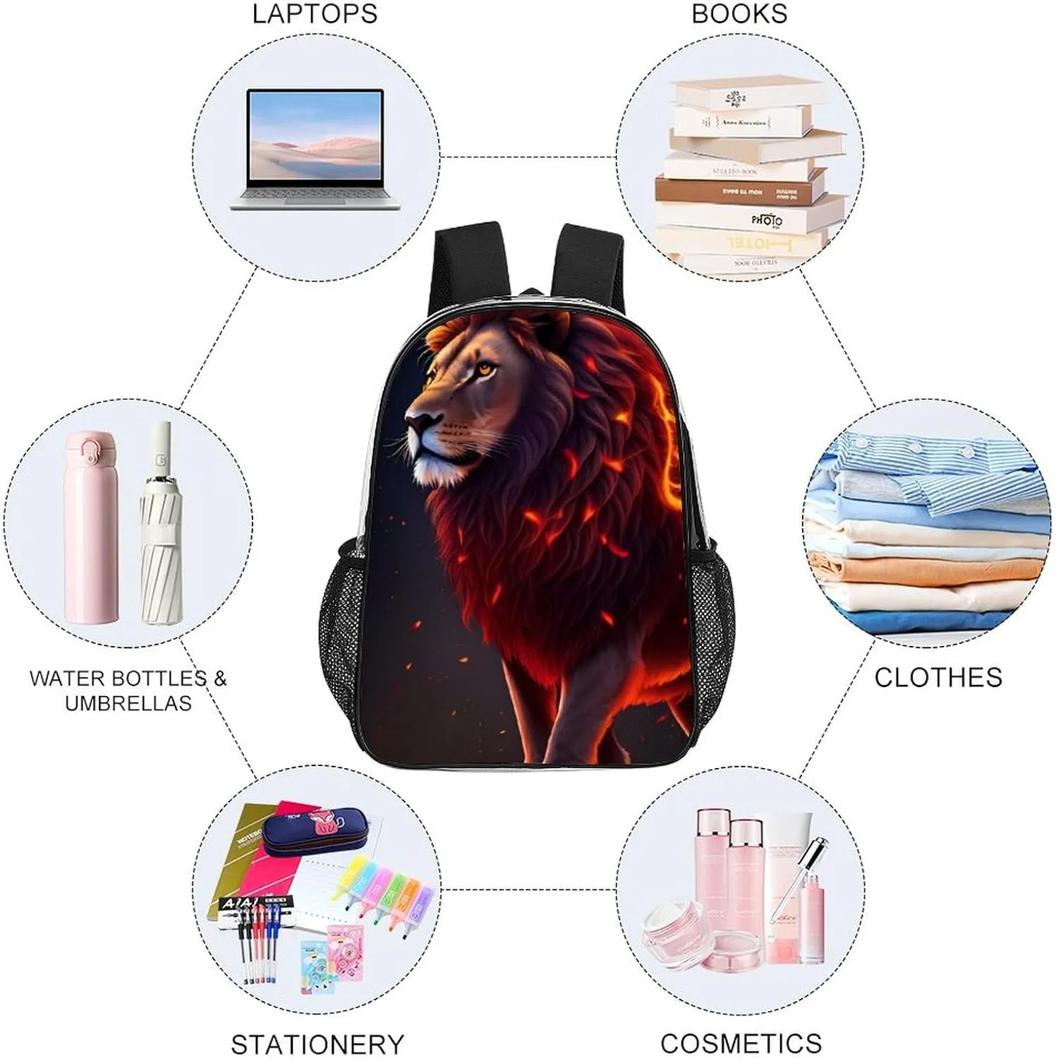 Transparent Daypack for Hiking Work Running - Big Capacity Anti-Theft Multipurpose Shoulder Bag, Cool Lion Fire Surreal Style Art Travel and Sport Backpack Rucksack