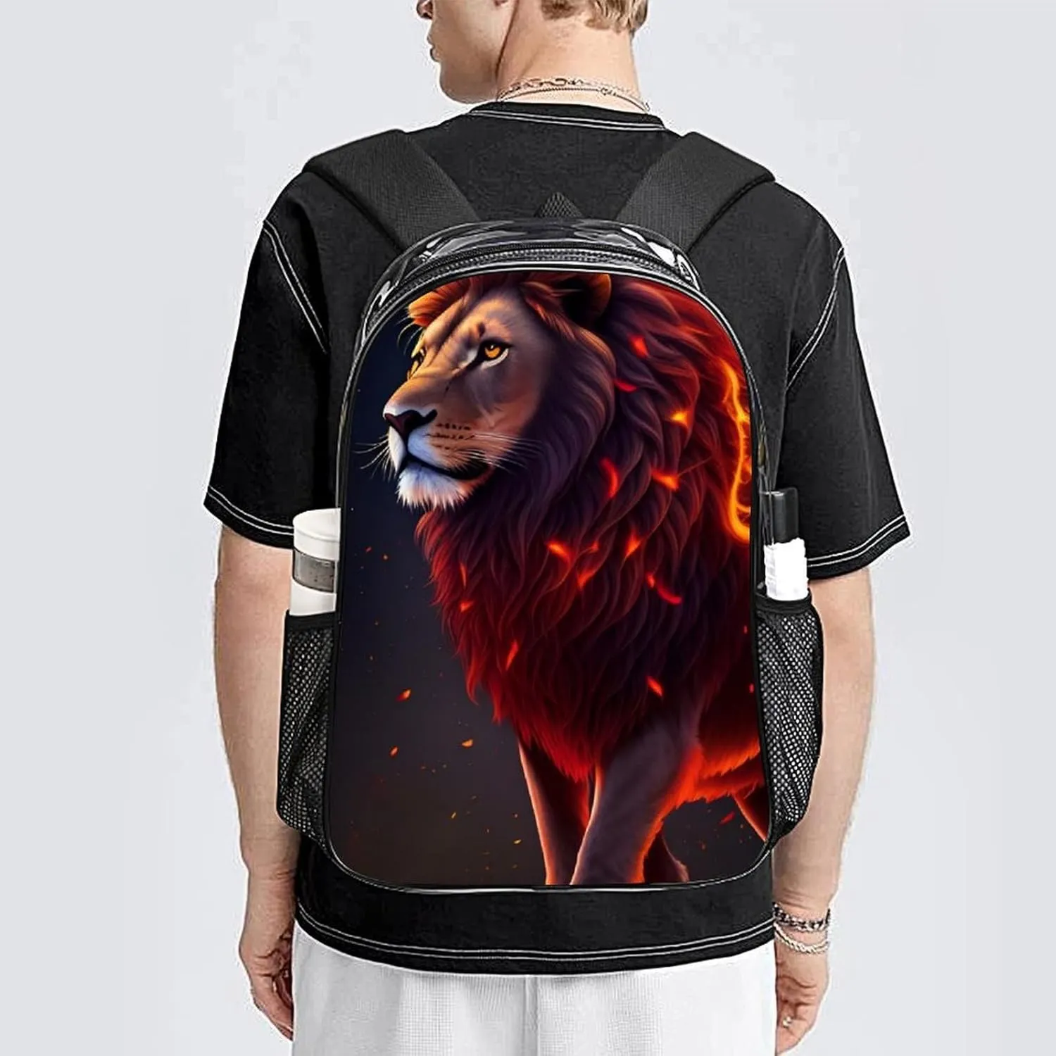 Transparent Daypack for Hiking Work Running - Big Capacity Anti-Theft Multipurpose Shoulder Bag, Cool Lion Fire Surreal Style Art Travel and Sport Backpack Rucksack