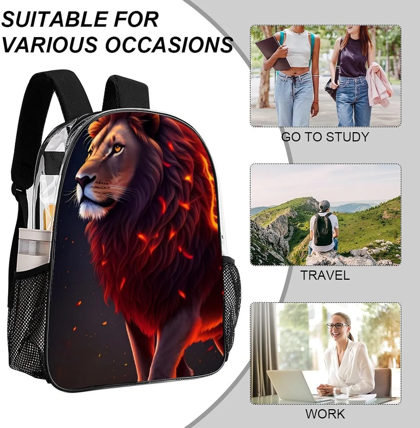 Transparent Daypack for Hiking Work Running - Big Capacity Anti-Theft Multipurpose Shoulder Bag, Cool Lion Fire Surreal Style Art Travel and Sport Backpack Rucksack