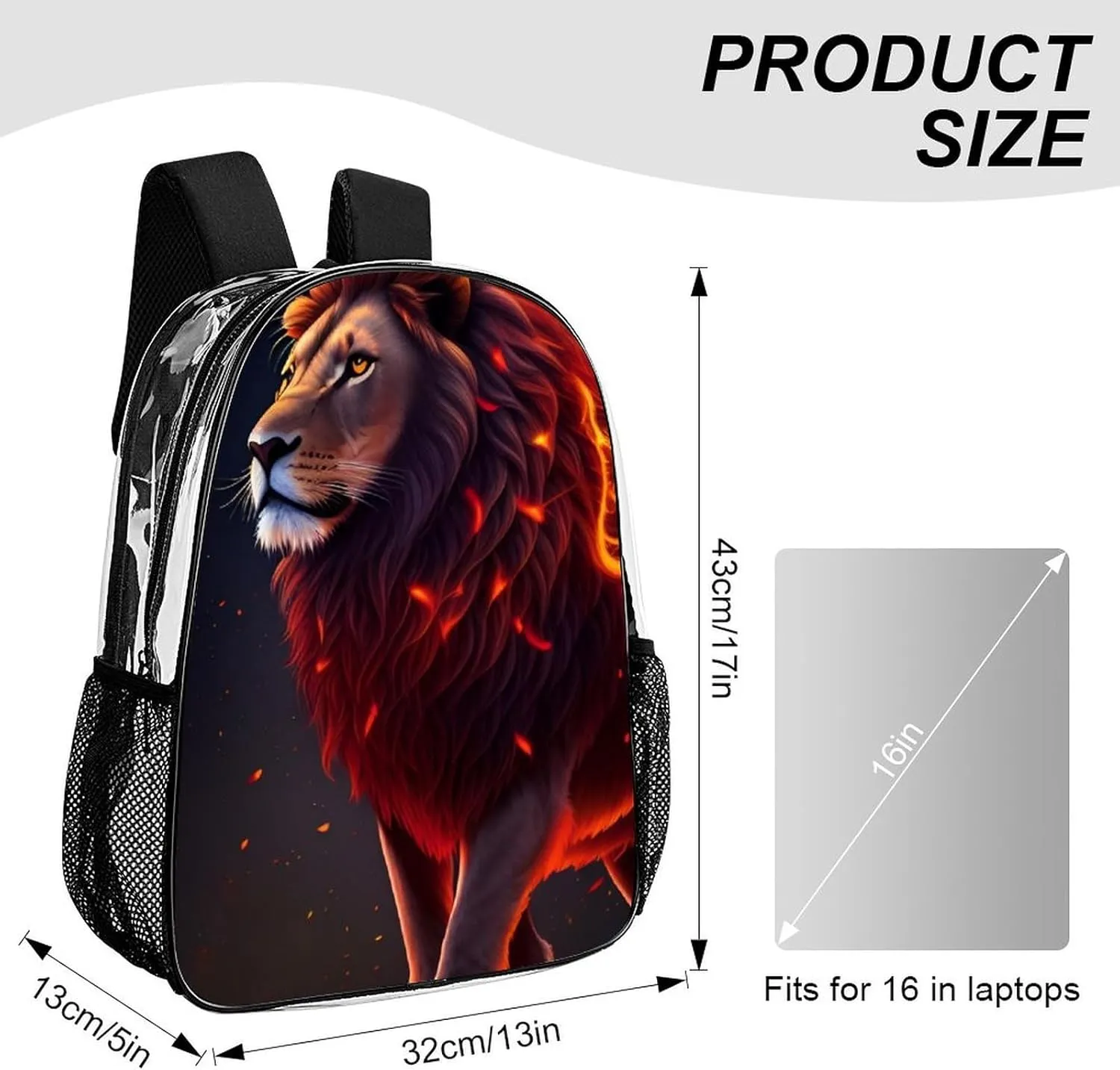 Transparent Daypack for Hiking Work Running - Big Capacity Anti-Theft Multipurpose Shoulder Bag, Cool Lion Fire Surreal Style Art Travel and Sport Backpack Rucksack