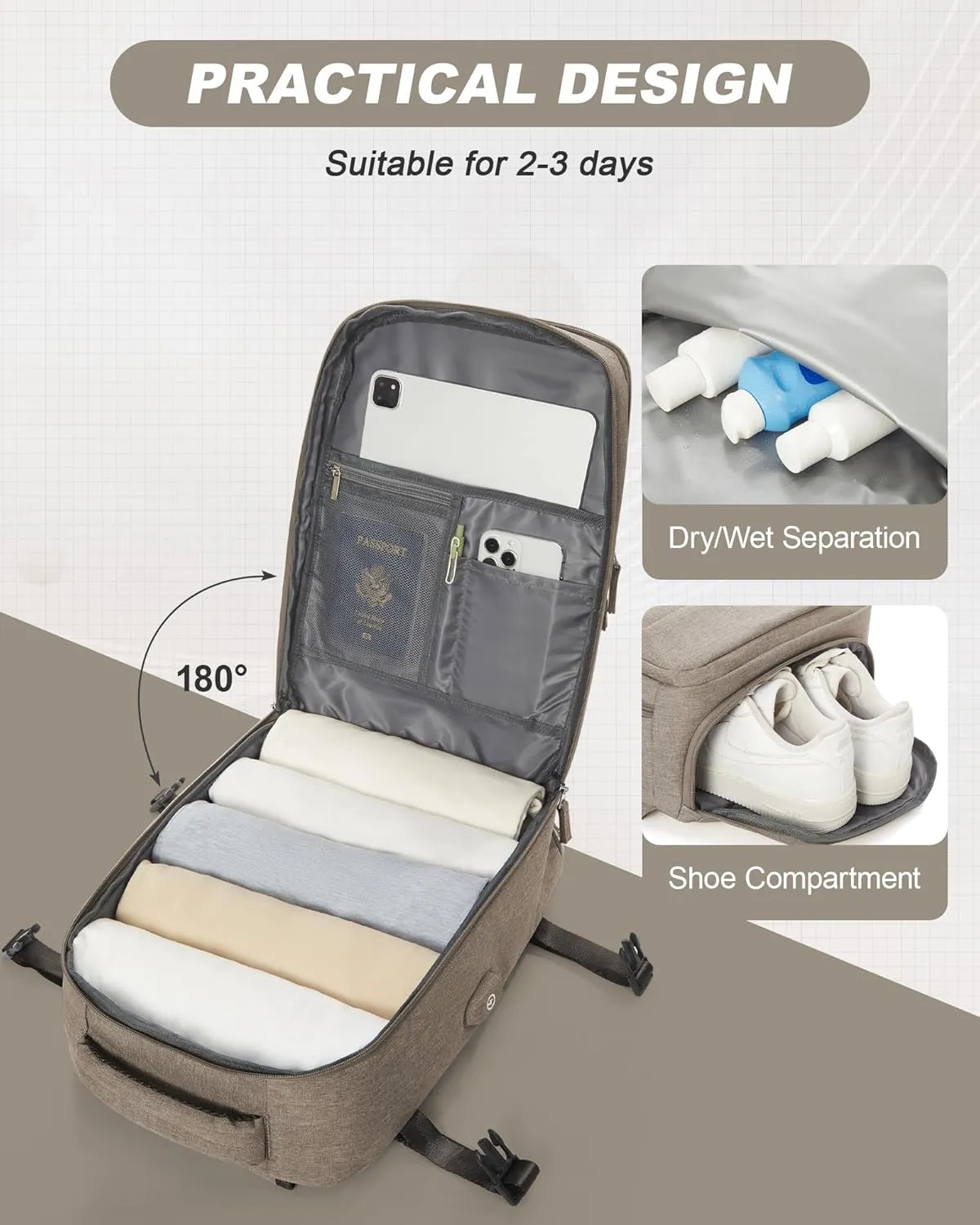 Travel Backpack for Men Women Carry on Backpack for Airplanes Personal Item Travel Bag Casual Nurse Bag Casual Bag for Weekender Business Trip Khaki