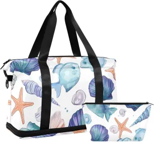 Travel Duffel Bag Blue Shellfish Fish Starfish Foldable Sports Tote Gym Bag with Shoe & Wet Compartment Shoulder Carry on Luggage Duffel Weekender Overnight for Men Women