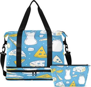 Travel Duffel Bag Cartoon Cheeses Milk Gym Duffel Bag for Men & Women with Shoe & Wet Compartment Shoulder Weekender Overnight Bag