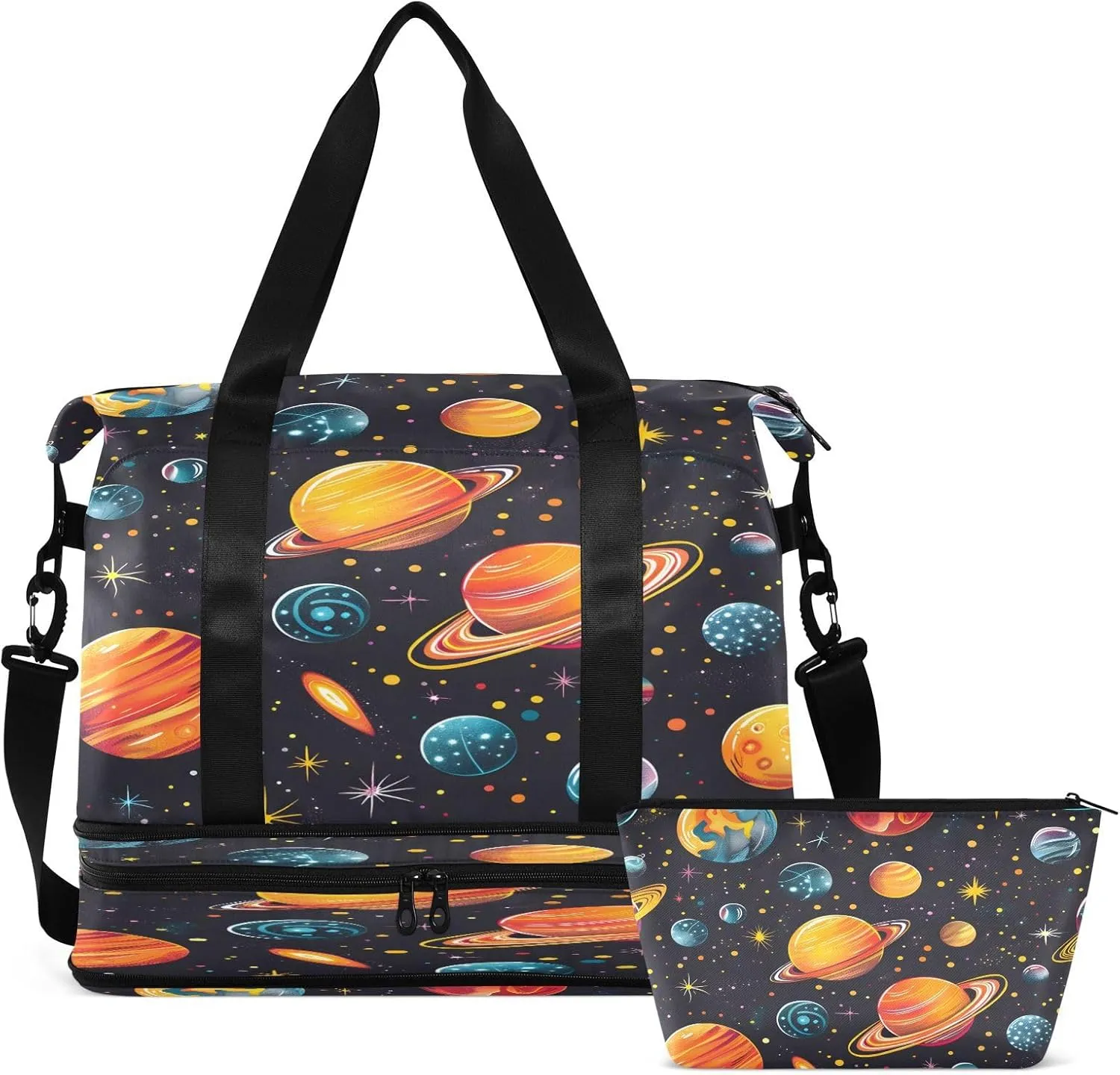Travel Duffel Bag Colorful Planet and Galaxy Gym Duffel Bag for Men & Women with Shoe & Wet Compartment Shoulder Weekender Overnight Bag