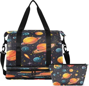 Travel Duffel Bag Colorful Planet and Galaxy Gym Duffel Bag for Men & Women with Shoe & Wet Compartment Shoulder Weekender Overnight Bag