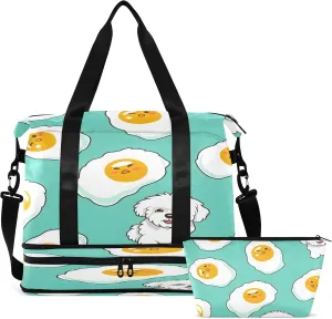 Travel Duffel Bag Cute Dog with Fried Egg Gym Duffel Bag for Men & Women with Shoe & Wet Compartment Shoulder Weekender Overnight Bag