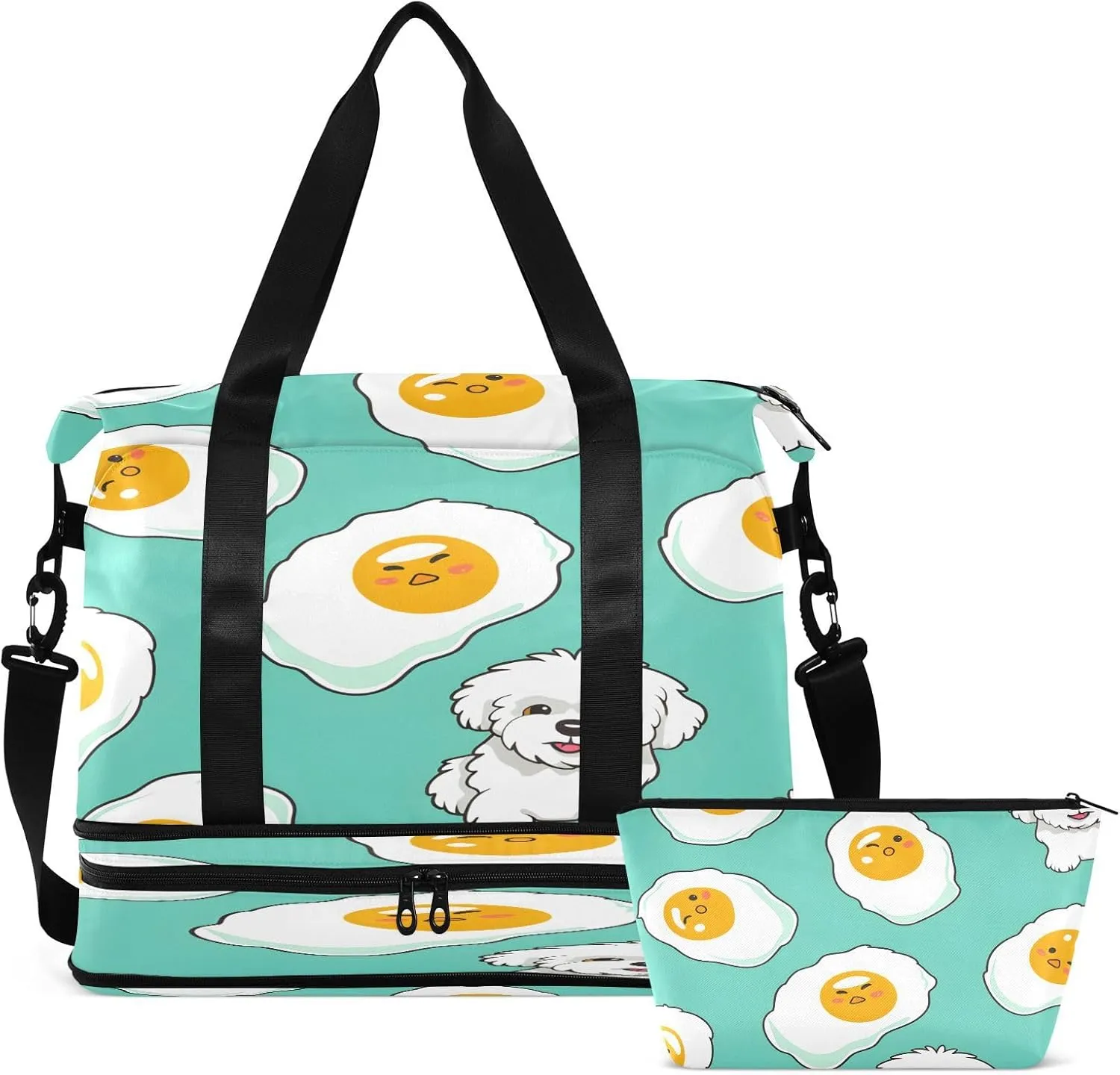 Travel Duffel Bag Cute Dog with Fried Egg Gym Duffel Bag for Men & Women with Shoe & Wet Compartment Shoulder Weekender Overnight Bag
