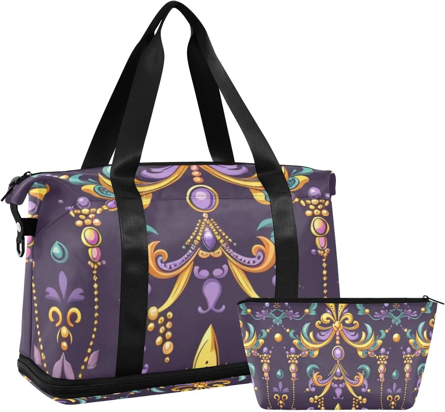 Travel Duffel Bag Fleur De Lis and Beads Gym Duffel Bag for Men & Women with Shoe & Wet Compartment Shoulder Weekender Overnight Bag