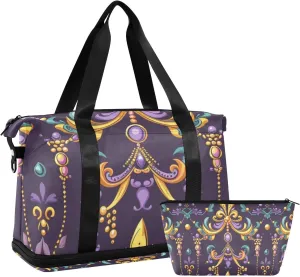 Travel Duffel Bag Fleur De Lis and Beads Gym Duffel Bag for Men & Women with Shoe & Wet Compartment Shoulder Weekender Overnight Bag