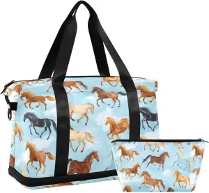 Travel Duffel Bag Horse Pattern Foldable Sports Tote Gym Bag with Shoe & Wet Compartment Shoulder Carry on Luggage Duffel Weekender Overnight for Men Women