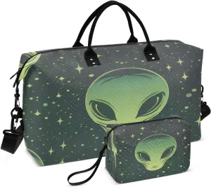Travel Duffel Bag Large Weekender Overnight Bags for Women Men, Green Alien Face Gym Bag with Toiletry Bag