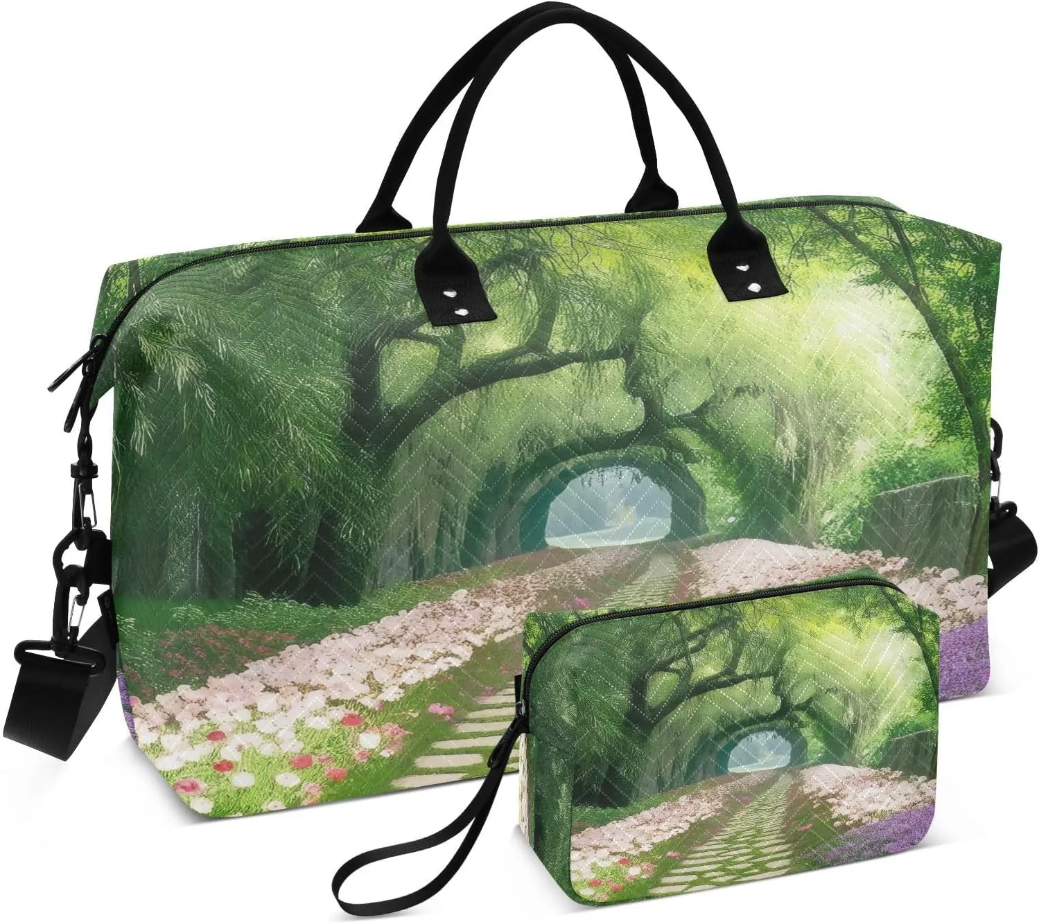 Travel Duffel Bag Large Weekender Overnight Bags for Women Men, Green Grove Garden Flower Path Gym Bag with Toiletry Bag