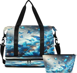 Travel Duffel Bag Magical Butterflies and Daisies Gym Duffel Bag for Men & Women with Shoe & Wet Compartment Shoulder Weekender Overnight Bag