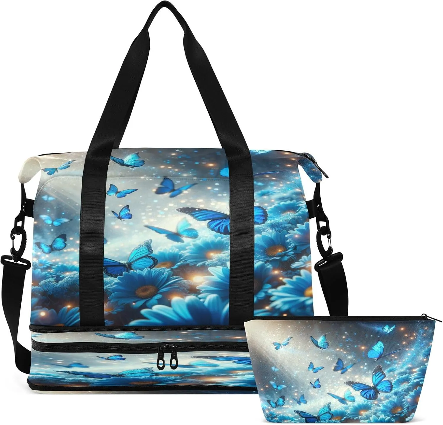Travel Duffel Bag Magical Butterflies and Daisies Gym Duffel Bag for Men & Women with Shoe & Wet Compartment Shoulder Weekender Overnight Bag