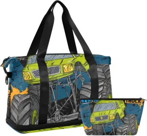 Travel Duffel Bag Monster Truck Gym Duffel Bag for Men & Women with Shoe & Wet Compartment Shoulder Weekender Overnight Bag