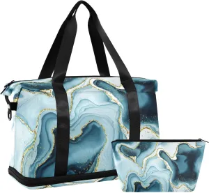 Travel Duffel Bag Pastel Cyan Mint Liquid Marble Gym Duffel Bag for Men & Women with Shoe & Wet Compartment Shoulder Weekender Overnight Bag