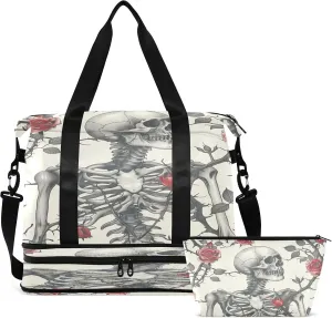 Travel Duffel Bag Skeleton with Roses and Thorns Gym Duffel Bag for Men & Women with Shoe & Wet Compartment Shoulder Weekender Overnight Bag