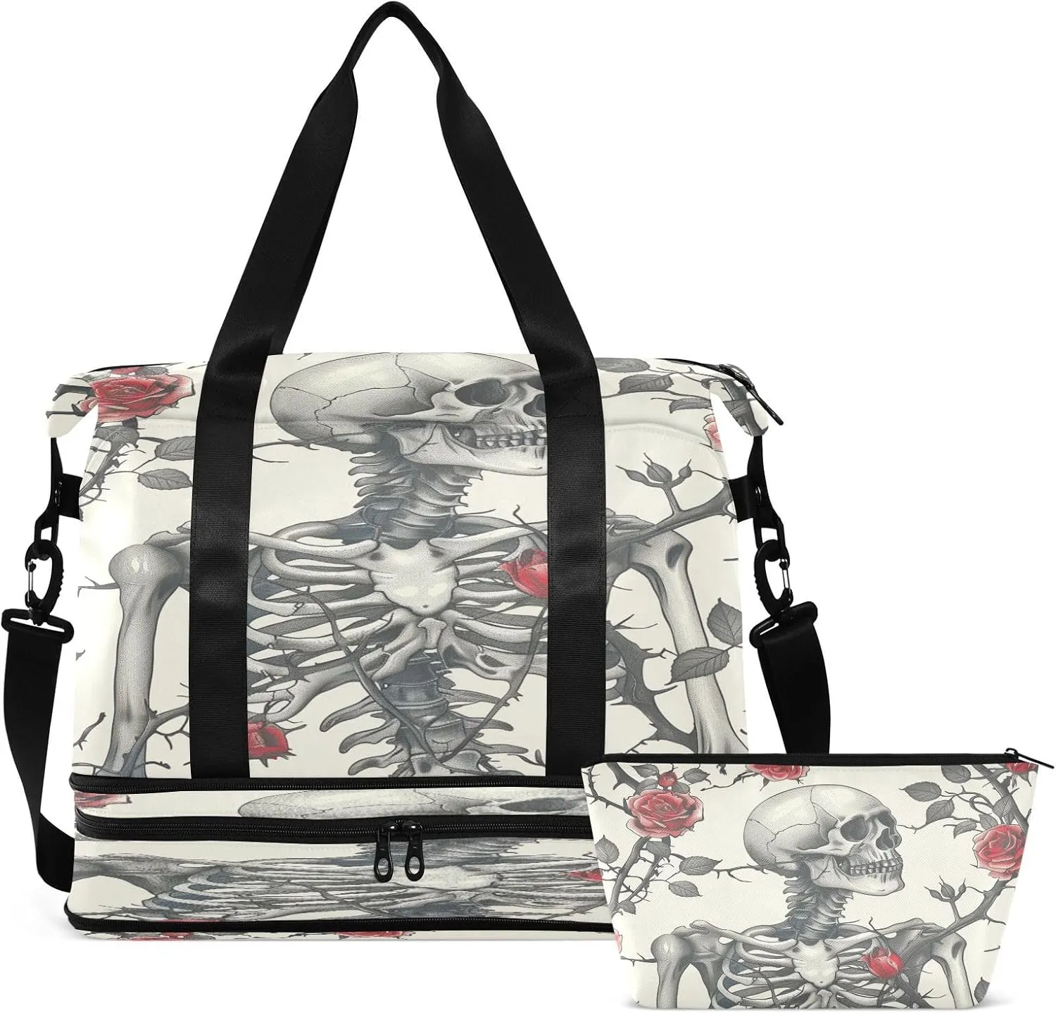Travel Duffel Bag Skeleton with Roses and Thorns Gym Duffel Bag for Men & Women with Shoe & Wet Compartment Shoulder Weekender Overnight Bag