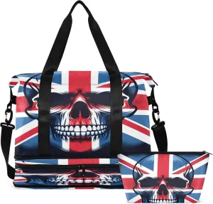 Travel Duffel Bag Skull with British Flag Gym Duffel Bag for Men & Women with Shoe & Wet Compartment Shoulder Weekender Overnight Bag
