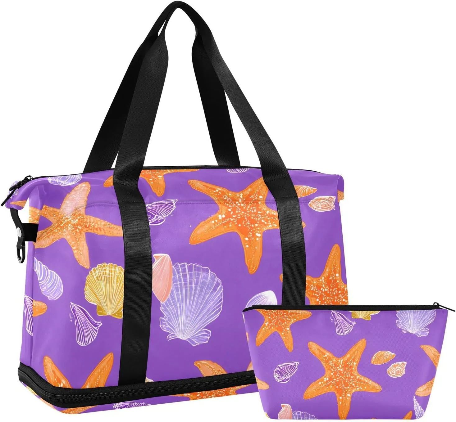 Travel Duffel Bag Starfish Shell Pattern Foldable Sports Tote Gym Bag with Shoe & Wet Compartment Shoulder Carry on Luggage Duffel Weekender Overnight for Men Women